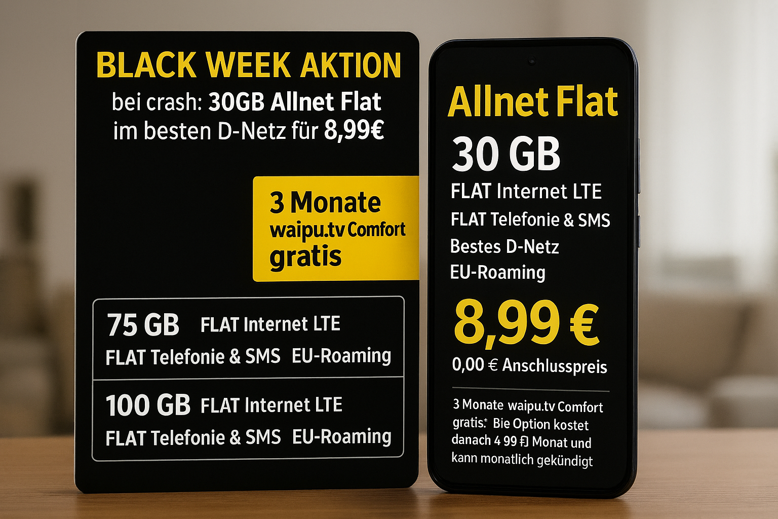 Crash Singles Day Deal, 100GB 5G Allnet Flat, D-Netz, monatlich kndbar, gnstiger Handytarif, Readly gratis, VoLTE, WLAN Call, EU-Roaming