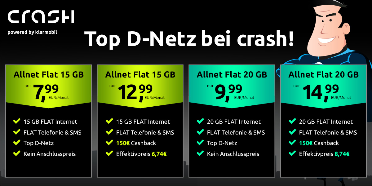 Crash Tarife: 15 GB Allnet-Flat Tarif im Vodafone Netz ab 6,74 Euro