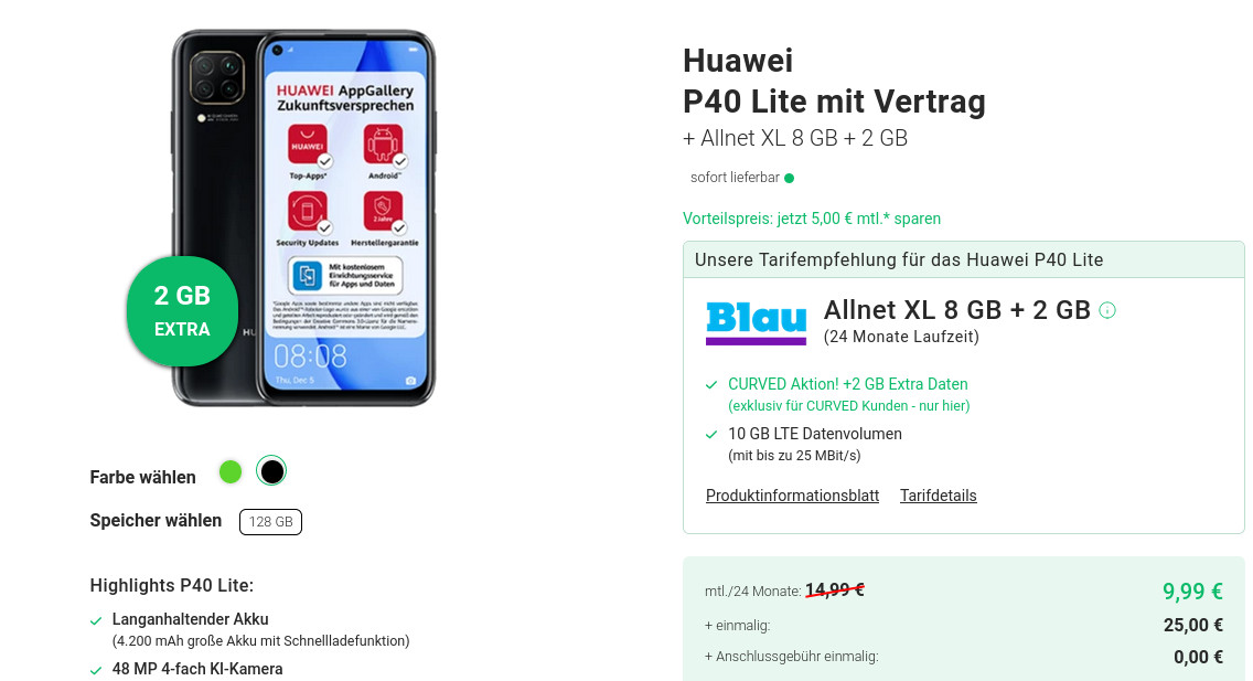 Preistipp Huawei P40 Lite Tarife: Huawei Lit mit 10 GB LTE All-In-Flat fr mtl. 9,99 Euro/Eff. 3,32 Euro