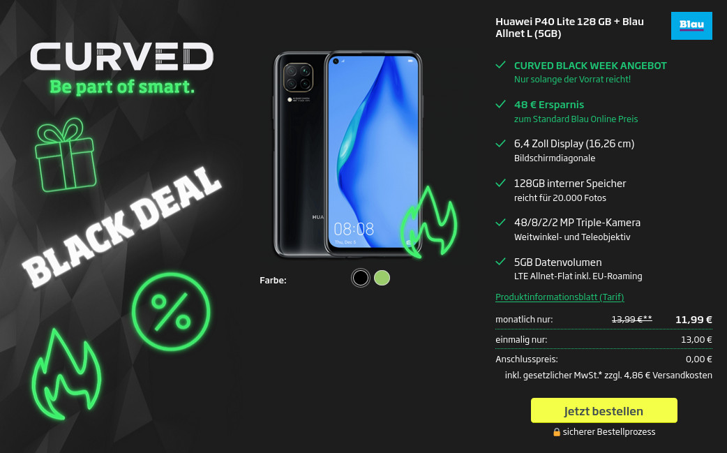 Preistipp Huawei P40 Tarife: Handy mit 5 GB LTE All-In-Flat für mtl. 11,99 Euro/Eff. 4,62 Euro
