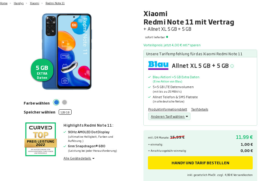 Preistipp Xiaomi Redmi Note 11: 10 GB LTE All-In-Flat für mtl. 11,99 Euro/Eff. 4,16 Euro