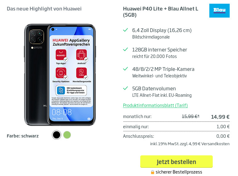Preistipp Huawei P40 Lite Tarife: Handy mit 5 GB LTE All-In-Flat fr mtl. 14,99 Euro/Eff. 4,62 Euro