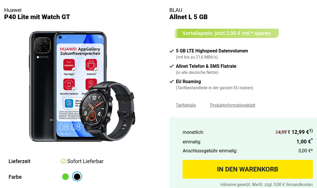 Preistipp Huawei P40 Tarife: Gratis Huawei Watch plus 5 GB LTE All-In-Flat für mtl. 12,99 Euro/Eff. 1,16 Euro