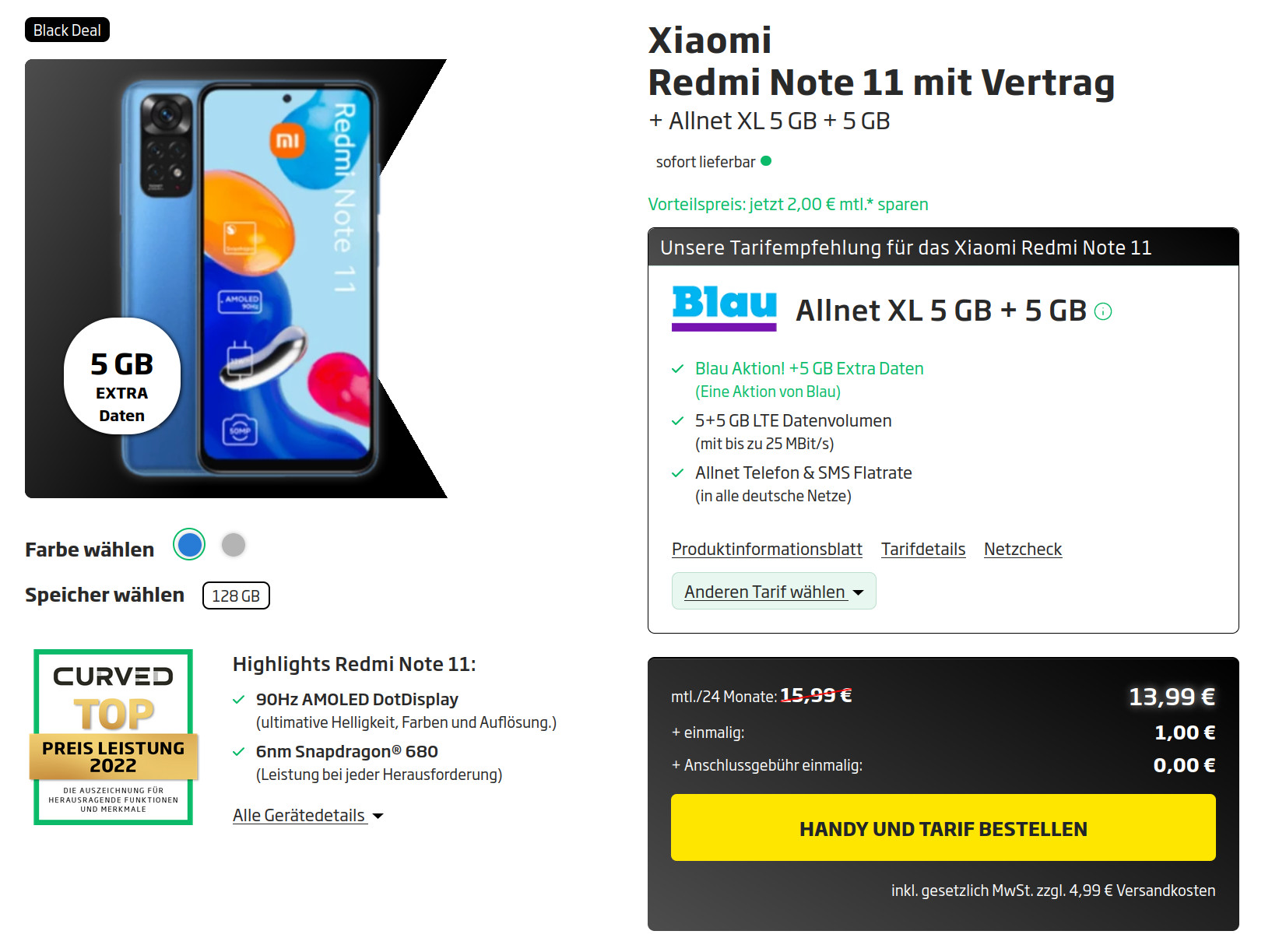 Black Deal Xiaomi Redmi Note 11: 10 GB LTE All-In-Flat für mtl. 13,99 Euro/Eff. 6,12 Euro