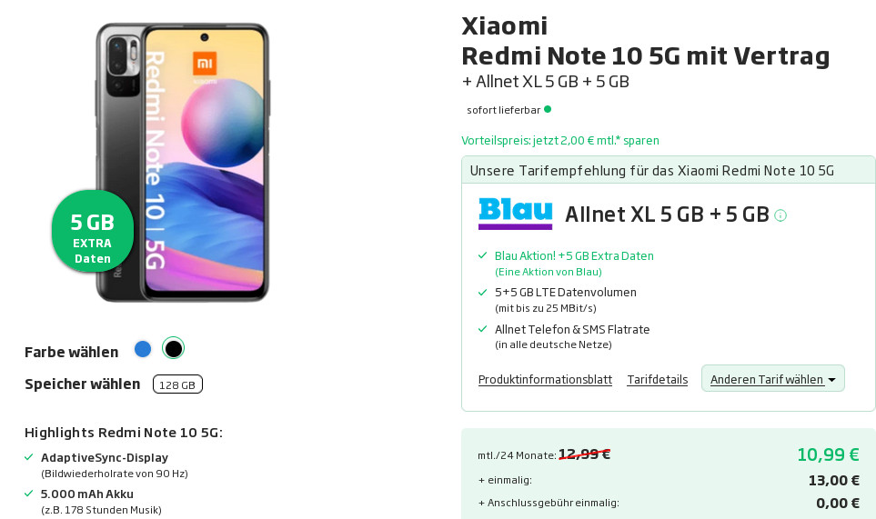 Tariftipp Handy mit Vertrag: Xiaomi Redmi Note 10 5G mit 10 GB LTE All-In-Flat für mtl. 10,99 Euro/Eff. 4,03 Euro
