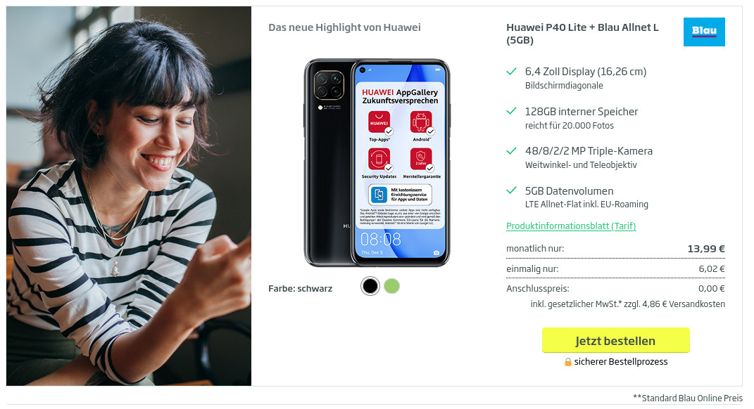 Preistipp Huawei P40 Lite Tarife: Handy mit 5 GB LTE All-In-Flat fr mtl. 13,99 Euro