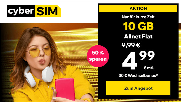 Entdecken Sie den unschlagbaren <strong>Cybersim</strong> <b>10 GB Allnet-Flat</b> Tarif fr nur 4,99€/Monat. Erfahren Sie alles ber diesen <em>Mobilfunktarif</em> und die komplette Tarifbersicht, inklusive flexibler Leistungen, 5G und EU-Roaming.