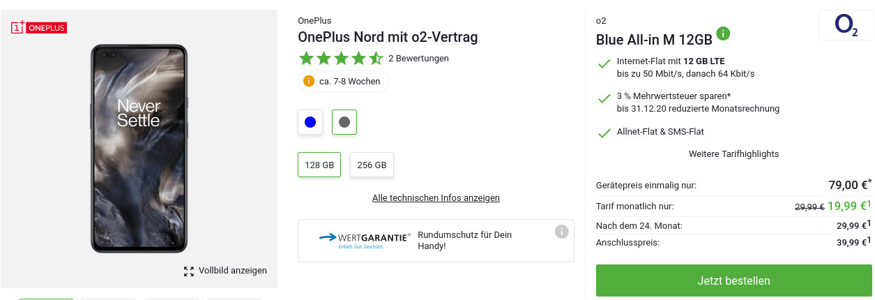 OnePlus Nord mit o2-Vertrag: 12 GB LTE All-In-Flat fr mtl. 19,99 Euro