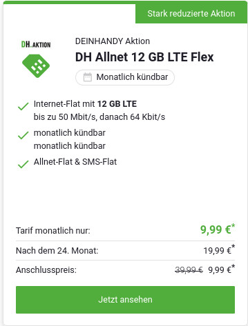 Preishammer 12 GB Tarife: 12 GB O2 LTE All-In-Flat mit 50 Mbit fr mtl. 9,99 Euro mit mtl. Laufzeit