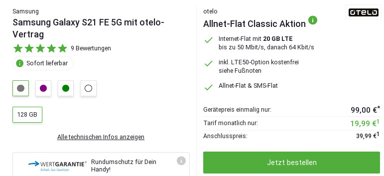 Galaxy S21 FE 5G Tarife: 20 GB Vodafone Allnet-Flat für mtl. 19,99 Euro