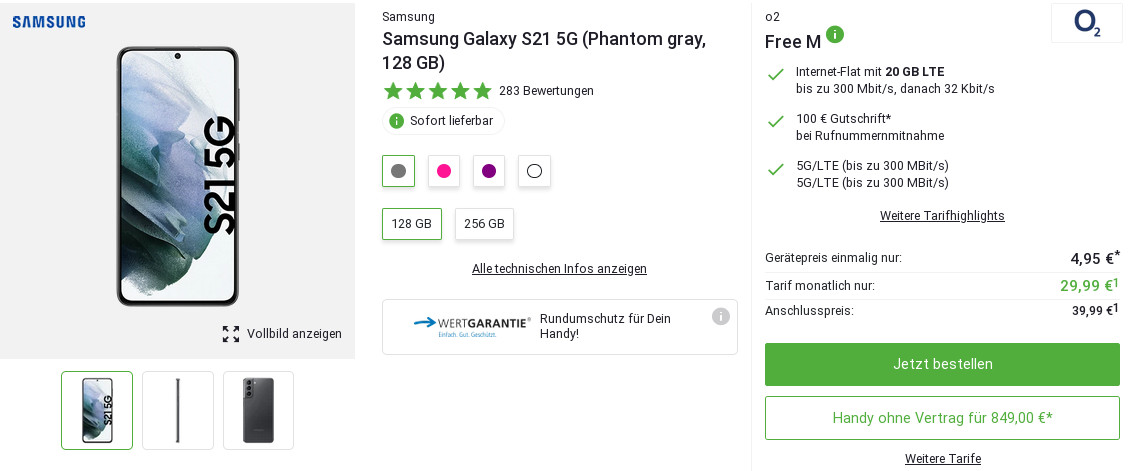 Preisknaller Galaxy S21 Tarife: 20 GB LTE Allnet-Flat im O2-Netz fr mtl. 29,99 Euro/Eff. -1,88 Euro