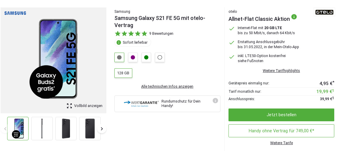 Vatertags-Deal Galaxy S21 FE 5G Tarife: 20 GB Vodafone Allnet-Flat für mtl. 19,99 Euro/