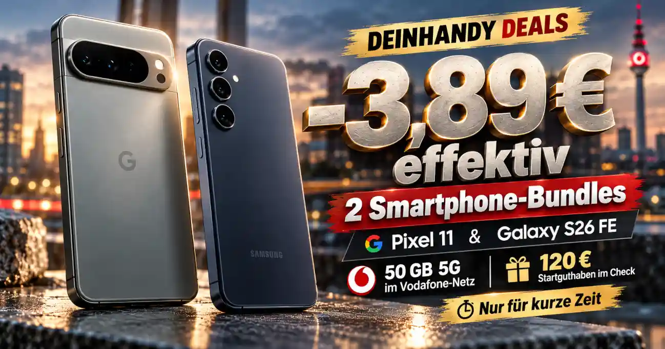 DEINHANDY Oktober 2026: Google Pixel 11 und Samsung Galaxy S26 FE mit Vodafone-Vertrag im Kostenvergleich