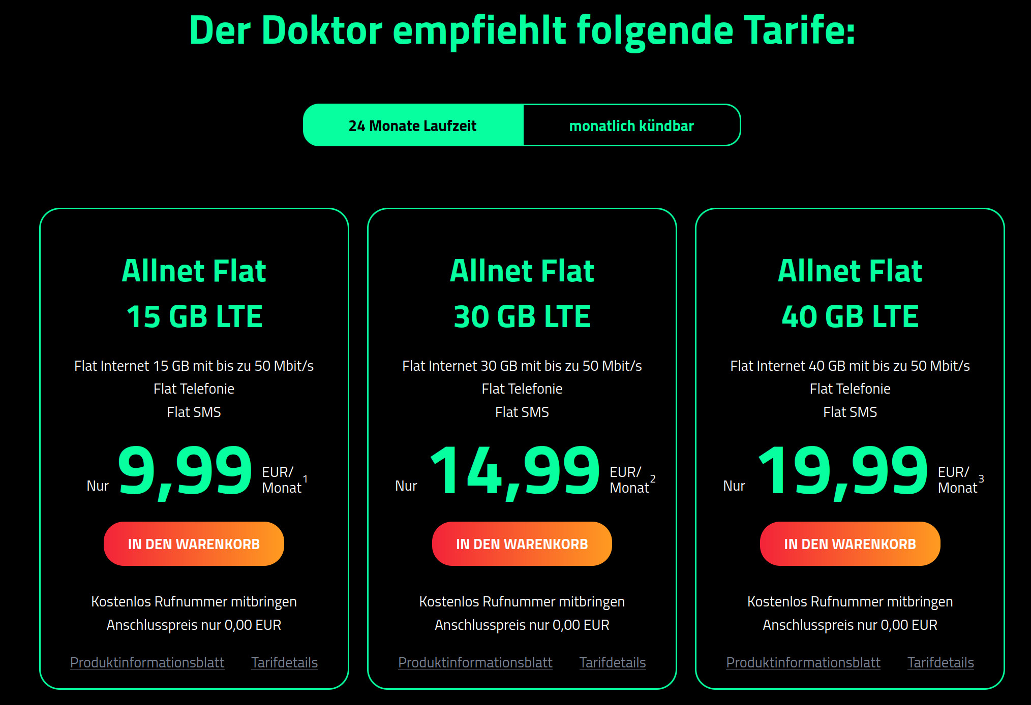 Dr.Sim Tarife: Mehr Datenvolumen --15 GB LTE All-In-Flat im Vodafone Netz mit 50 Mbit für 9,99 Euro