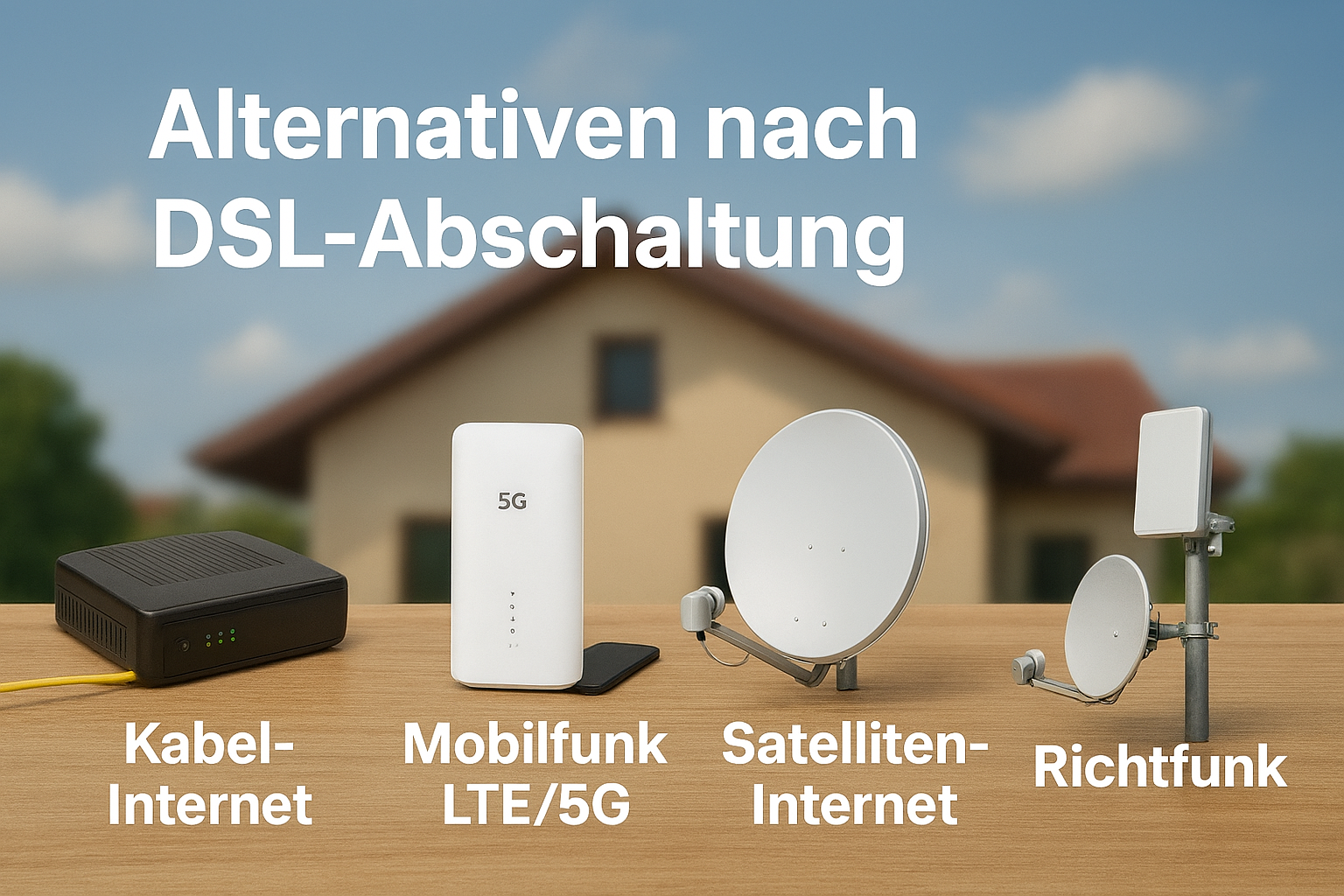 Wir vergleichen die besten Alternativen nach einer DSL Abschaltung in Deutschland. Er beleuchtet Kabel-Internet, LTE/5G Homespot, Satelliten-Internet und Richtfunk mit Kosten, Vorteilen und Nachteilen.