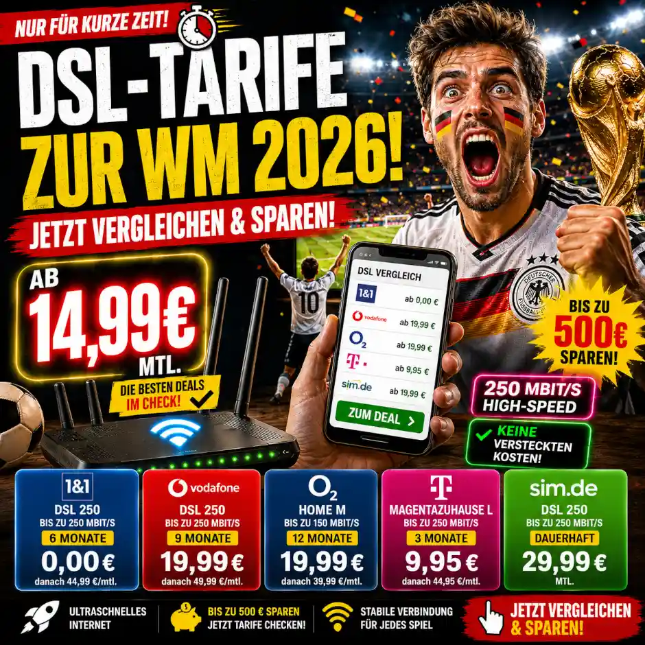 DSL Tarife im Juni 2026: Aktuelle Angebote von 1&1, Vodafone, o2, Telekom und sim.de im Vergleich. Mit VDSL, Kabel, Glasfaser, Rabatten und Einstiegspreisen ab 14,99 Euro