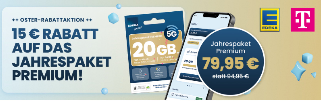 EDEKA smart bietet sein Jahrespaket PREMIUM f�r 79,95&euro; an. 20 GB monatlich, 5G im Telekom-Netz. Der gro�e Vergleich mit Telekom, congstar und ALDI TALK zeigt: Hier steckt mehr dahinter.