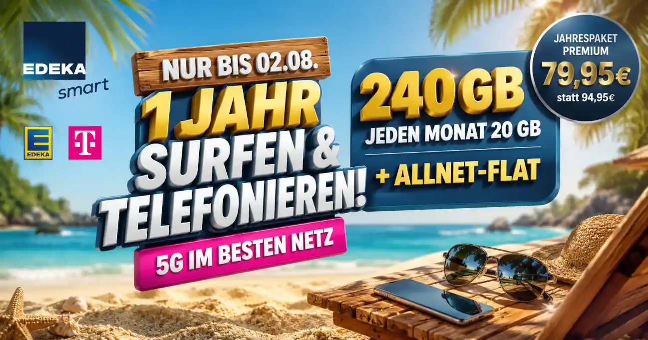EDEKA smart senkt das Jahrespaket Premium auf 79,95 Euro. Dazu 240 GB, 5G im Telekom-Netz, Allnet-Flat, EU-Roaming und 10-Euro-Wechselbonus. Bis 2. August 2026.
