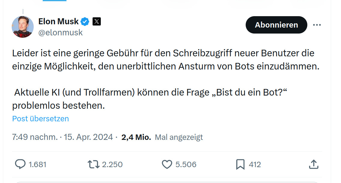 Elon Musk X: Gegen Spam sollen Gebhren fr neue Konten helfen