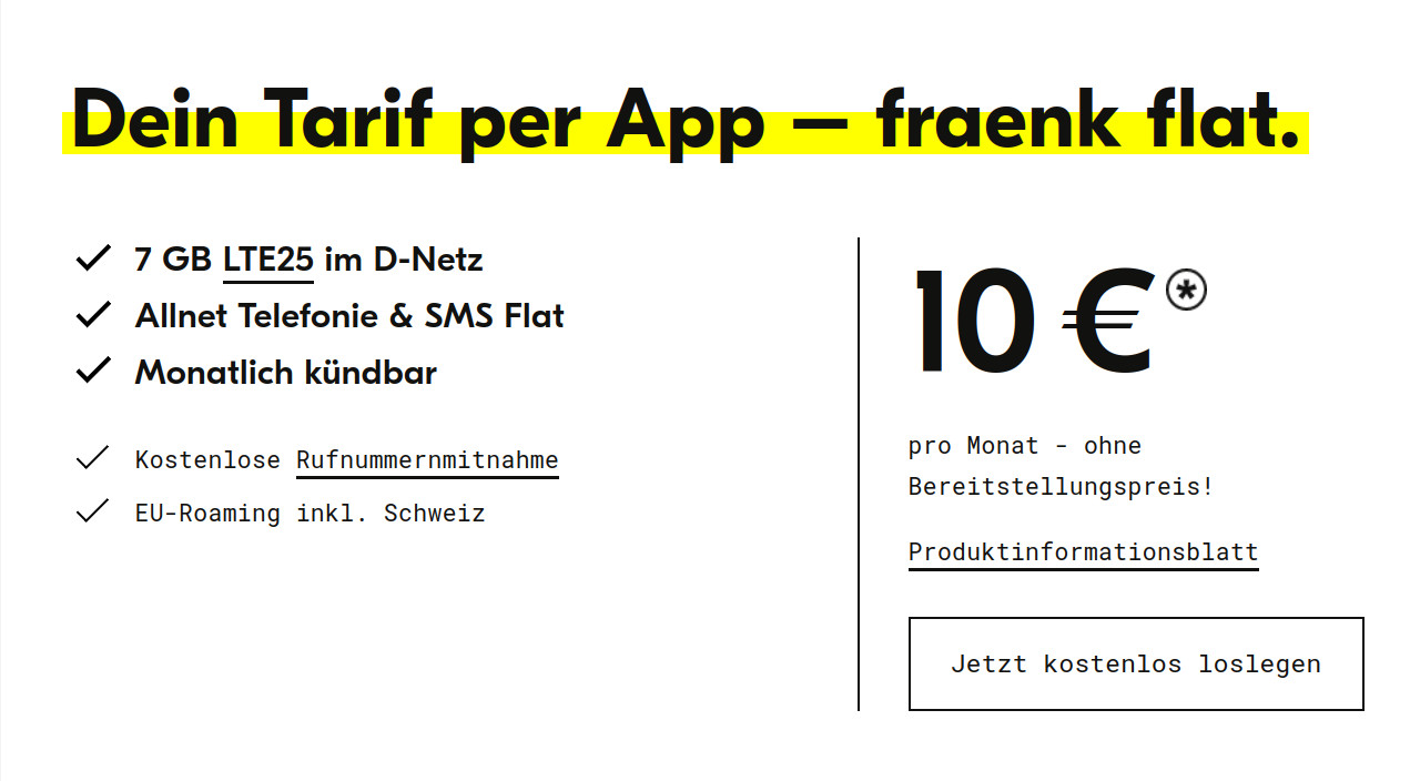 fraenk Tarife: Mehr Datenvolumen --fraenk Tarife im Telekom Netz mit 7 GB Allnet-Flat f�r 10 Euro
