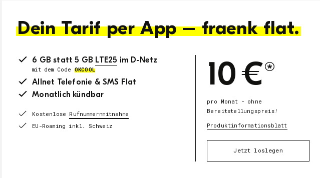 fraenk Tarife: Telekom Netz mit fraenk 6 GB Allnet-Flat f�r 10 Euro auch mit Lastschrift