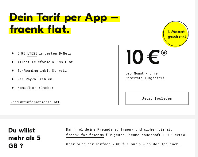 fraenk Tarife: Nun mit 5 GB Allnet-Flat im Telekom Netz --Mit Gutscheincode sogar 6 GB