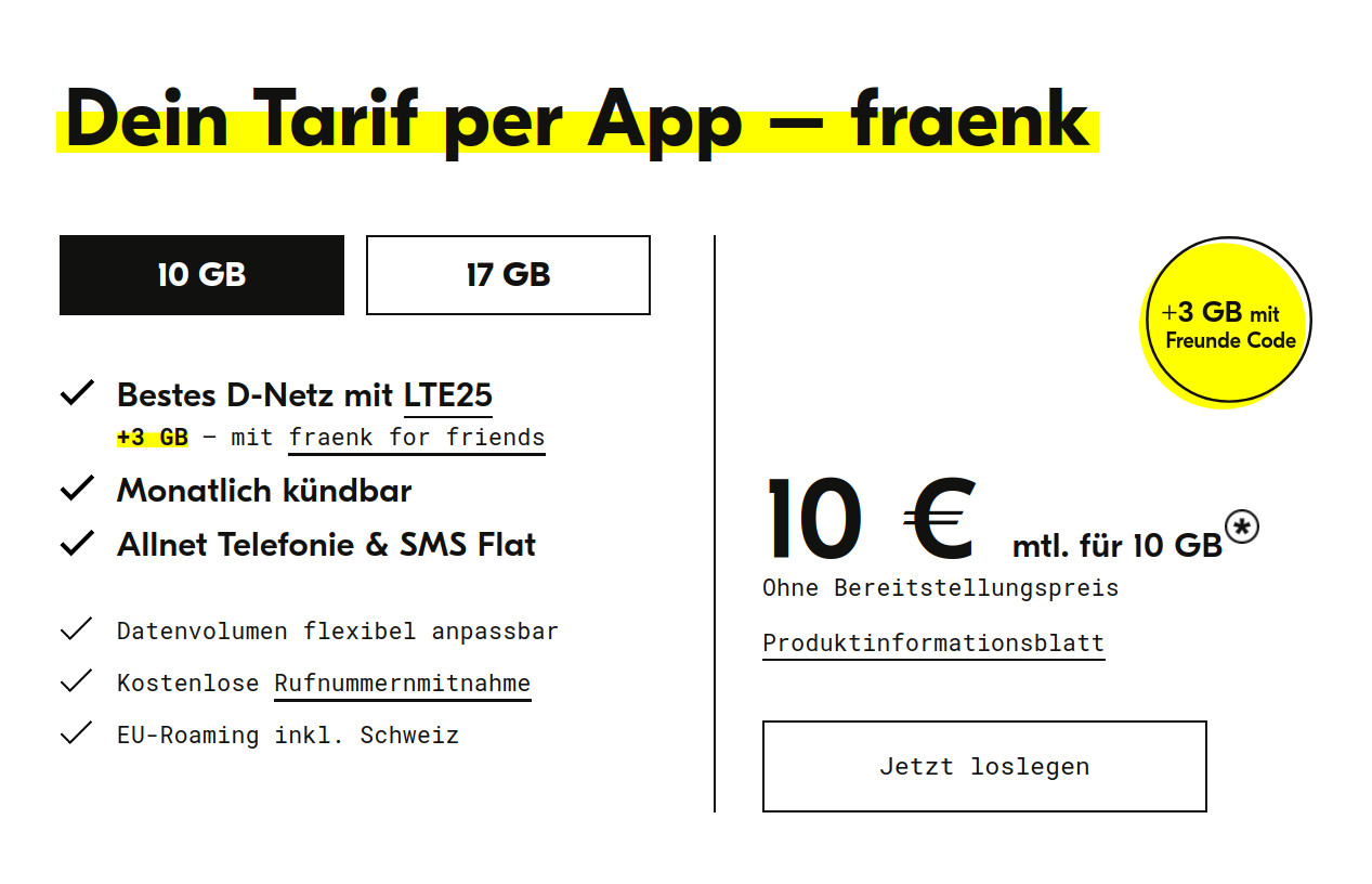 fraenk 17 GB Tarife: Dauerhafte 17 GB Allnet-Flat im Telekomnetz fr 15 Euro