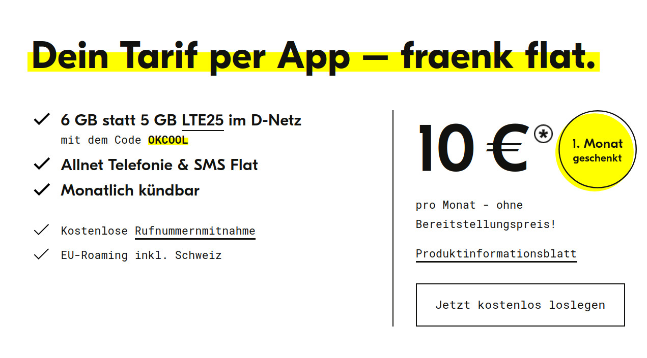 Fraenk Tarife: fraenk Tarife im Telekom Netz mit 6 GB Allnet-Flat f�r 10 Euro --Ab dem 6.Dezember 8 GB Allnet-Flat