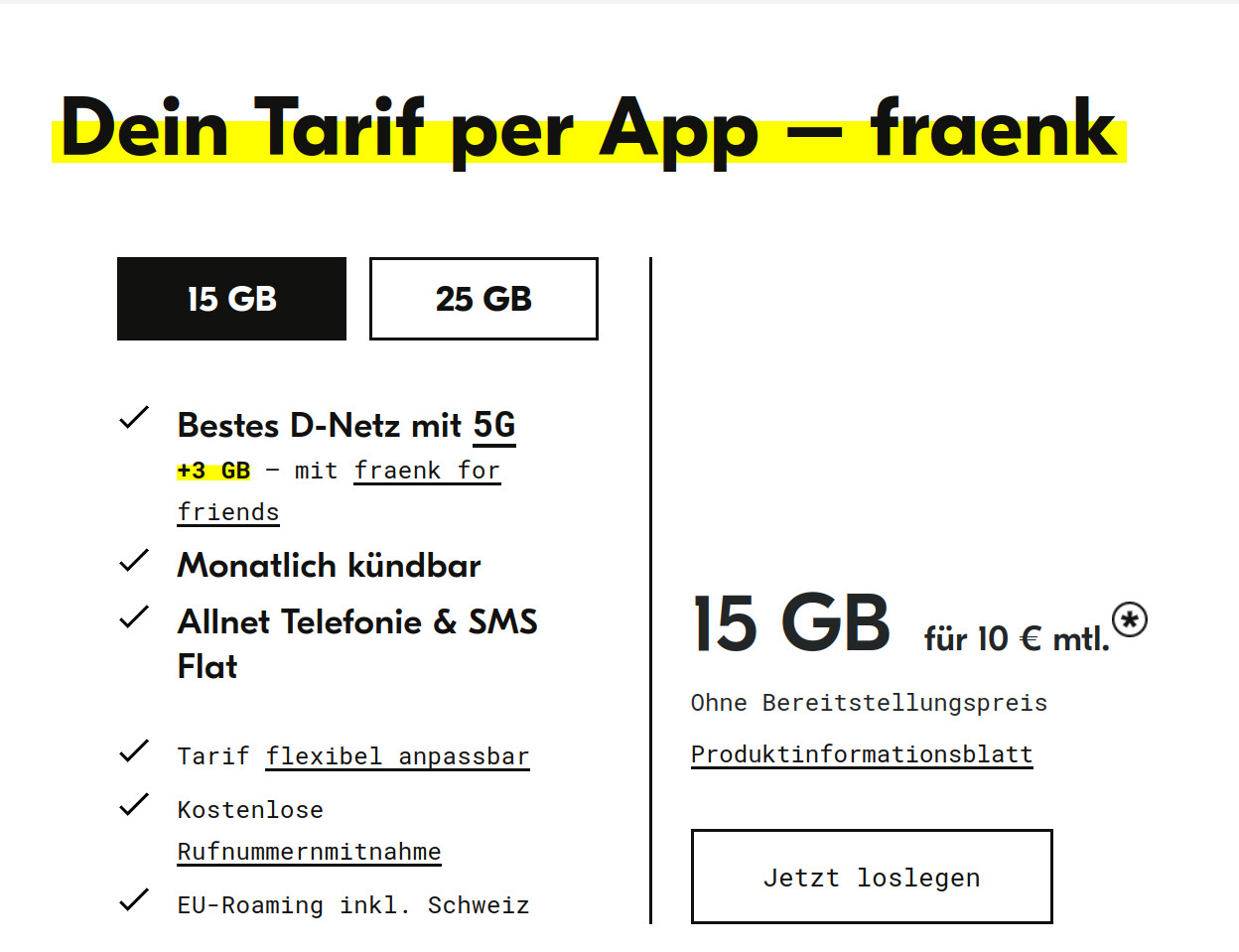 Erfahren Sie alles ber die <strong>fraenk</strong> <it>50-GB-Datenpolster</it> Aktion - das kostenlose Datenpolster, das zurzeit bis zum <b>27. April 2025</b> verlngert wurde. Entdecken Sie die Vorteile, den einfachen Aktivierungsprozess ber die <strong>fraenk App</strong> und den Mehrwert dieses Angebots fr Mobilfunkkunden.