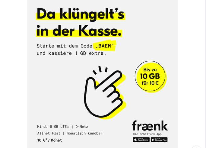 fraenk 6 GB Flatrate Tarife-- 6 GB Allnet-Flat im Telekom Netz f�r 10 Euro mit Gutscheincode