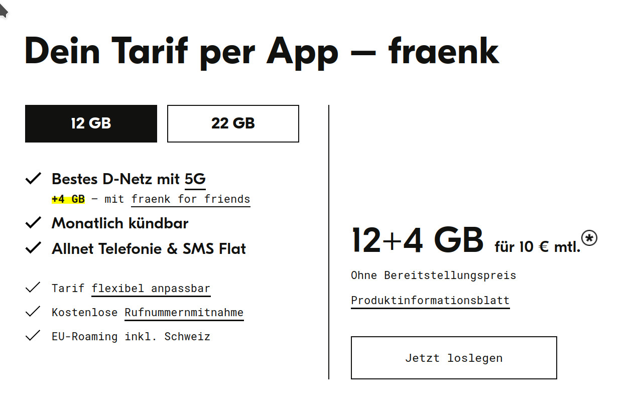 fraenk f�r friends: 16 GB All-In-Flat im Telekom Netz f�r 10 Euro und mtl. Laufzeit