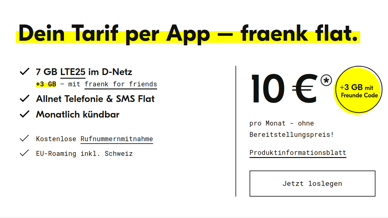 fraenk Tarife: Mehr Datenvolumen --fraenk Tarife im Telekom Netz mit 7 GB Allnet-Flat f�r 10 Euro