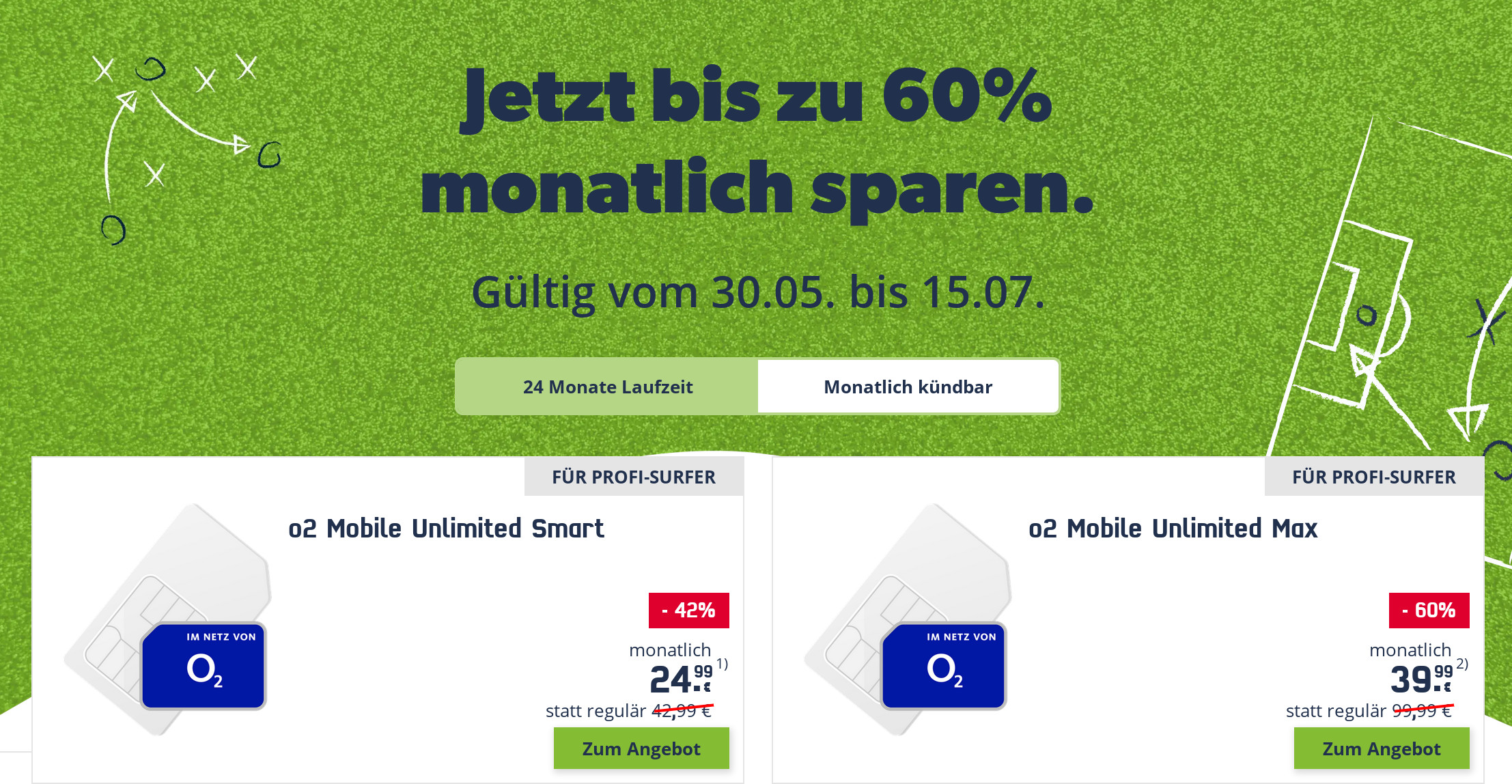 Fussball EM 2024: Bis zu 60 Prozent Rabatt auf O2 Unlimited Tarife ab 24,99 Euro