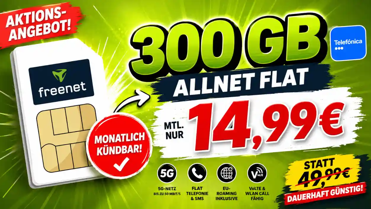 300 GB f�r 14,99 Euro monatlich: Dieser 5G-Tarif mit Allnet-Flat und monatlicher K�ndbarkeit k�nnte f�r viele Nutzer eine echte Unlimited-Alternative sein