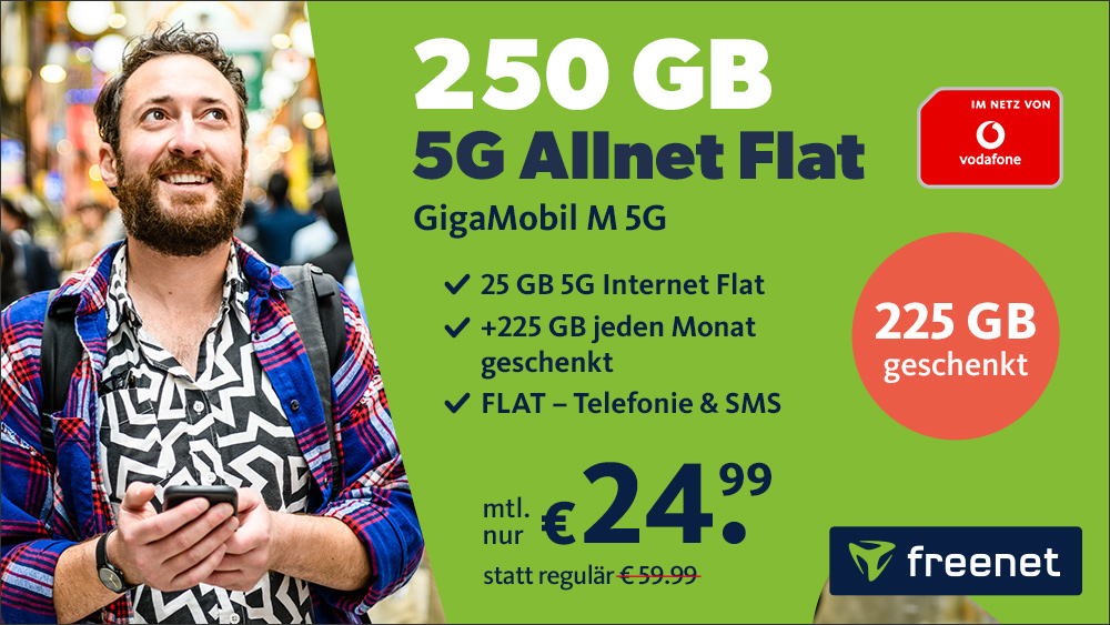 Tarifpower Vodafone Netz: 250 GB 5G Tarif fr mtl. 24,99 Euro