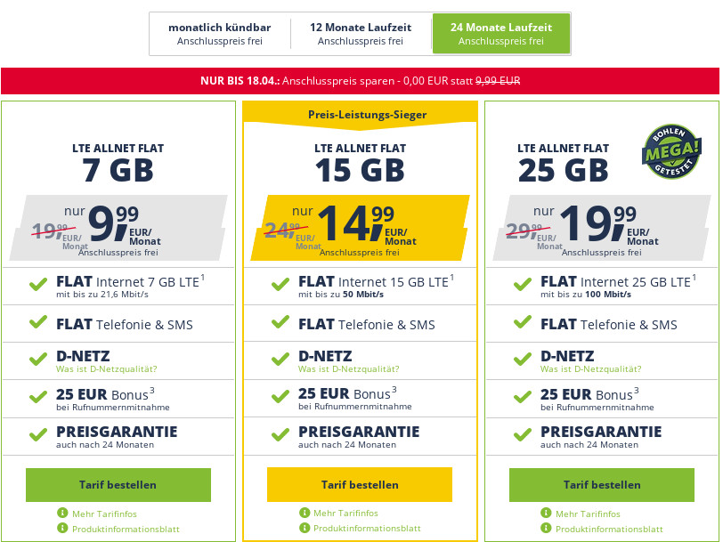 Freenet Mobile Tarife: Mehr Datenvolumen, kein Anschlusspreis --7 GB LTE Allnet Flat fr 9,99 Euro