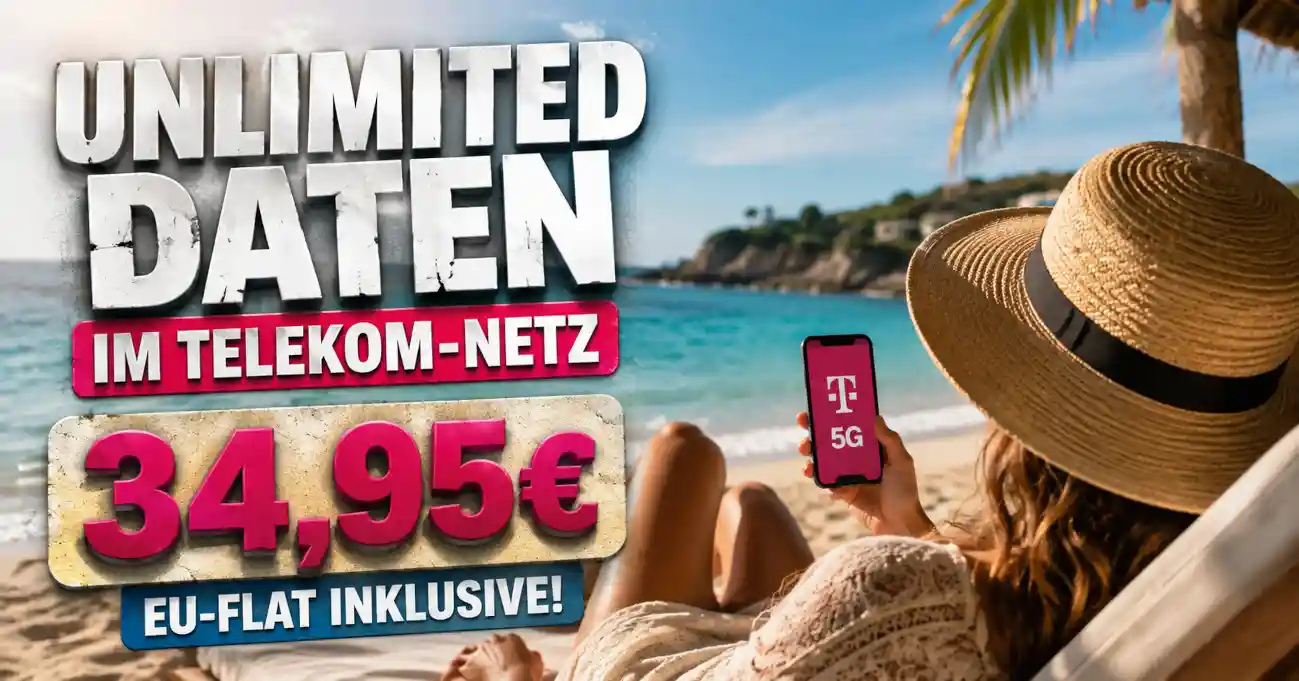Freenet bietet Telekom Unlimited f�r 34,95 Euro: 5G, 300 Mbit/s, zwei MultiSIMs und 143 GB EU-Roaming. Ab Monat 25 steigt der Preis.