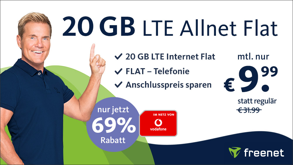 69 Prozent Rabatt Vodafone Netz: 20 GB freenet All-In-Flat bei 50 Mbit für mtl. 9,99 Euro --Anschlusspreis sparen