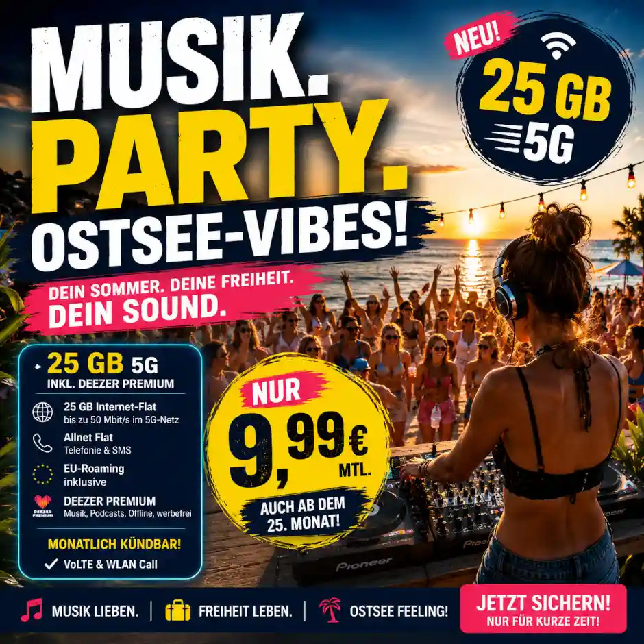 freenet b�ndelt 25 GB 5G, Allnet-Flat und Deezer Premium f�r 9,99 Euro. Der Deal ist monatlich k�ndbar und g�nstiger als Deezer allein