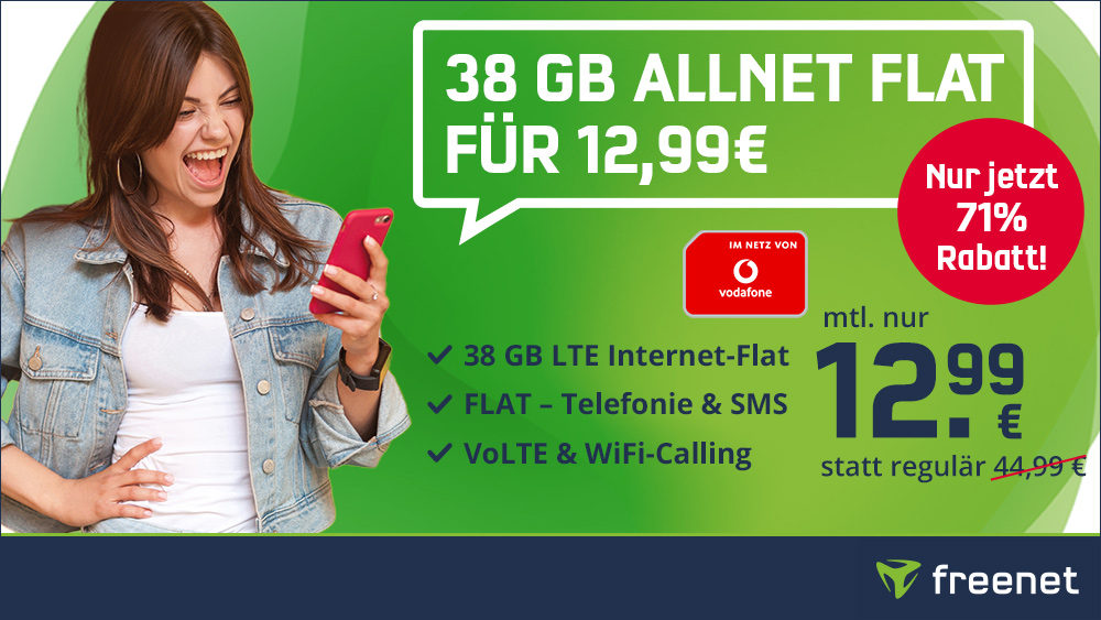 71 Prozent Rabatt Vodafone Netz: 38 GB freenet All-In-Flat bei 100 Mbit für mtl. 12,99 Euro