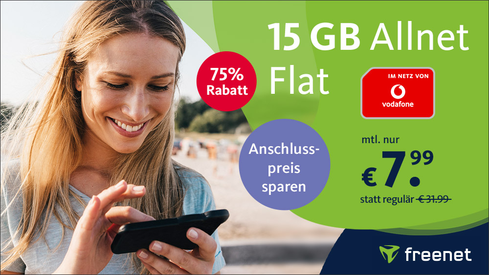 75 Prozent Rabatt Vodafone Netz: 15 GB All-In-Flat bei 50 Mbit für mtl. 7,99 Euro --Anschlusspreis sparen