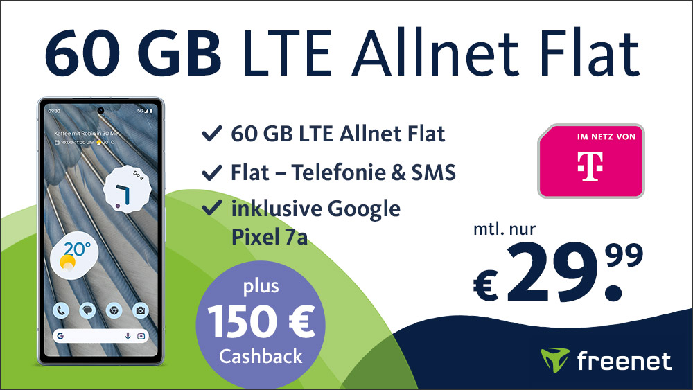 Preiskracher Telekom Netz: 250 Euro Zugaben mit Telekom LTE 60GB Allnet-Flat mit Google Pixel 7a für nur 29,99 Euro/Eff. 8,83 Euro