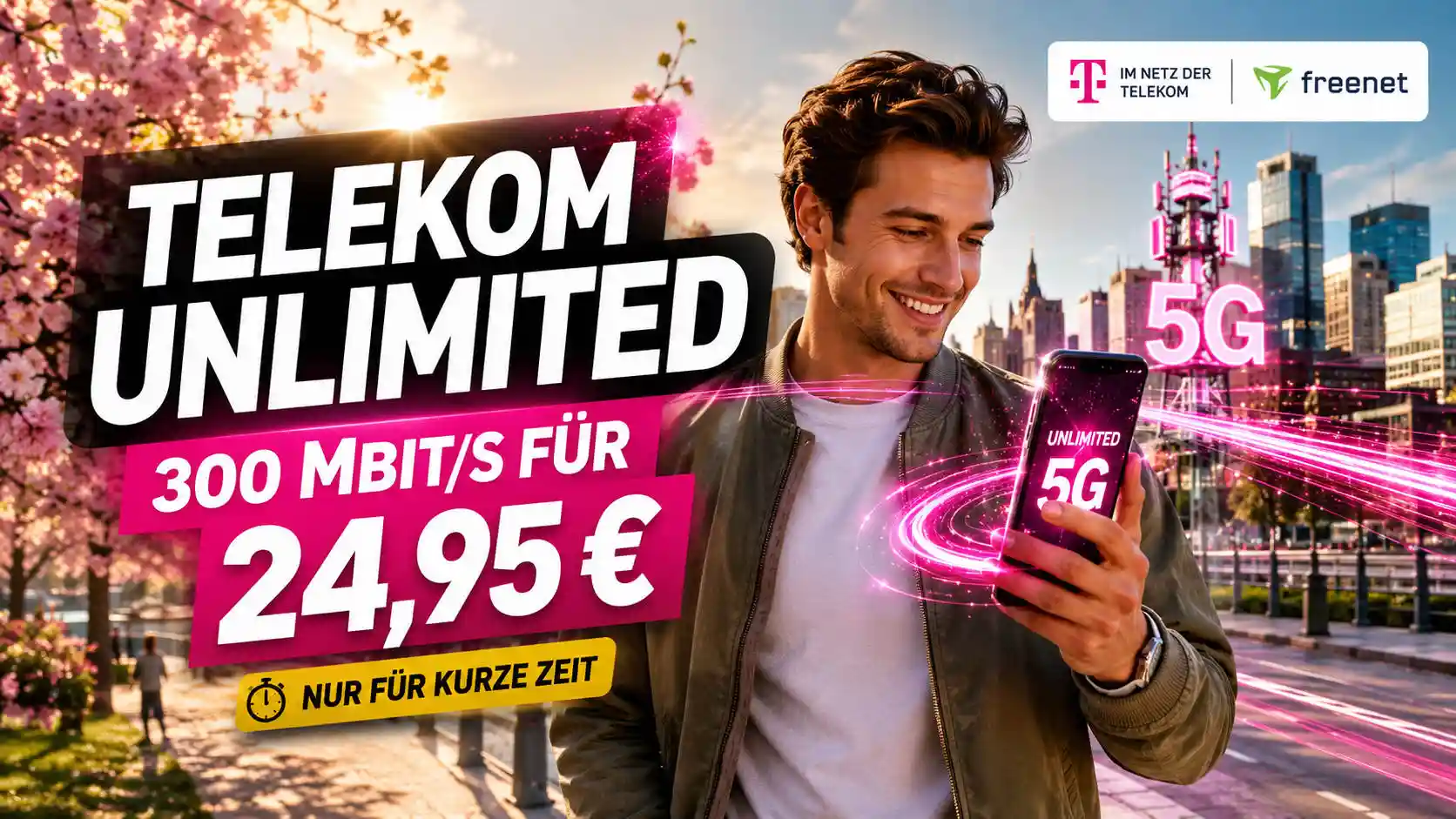 freenet bringt den Telekom Unlimited Tarif zur�ck. 300 MBit/s, 5G und unbegrenztes Datenvolumen f�r nur 24,95 Euro im Monat.