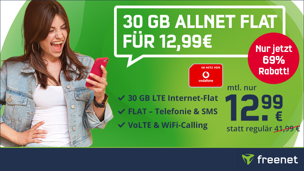 69 Prozent Rabatt im Vodafone Netz: 30 GB Allnet-Flat für mtl. 12,99 Euro und 696 Euro sparen