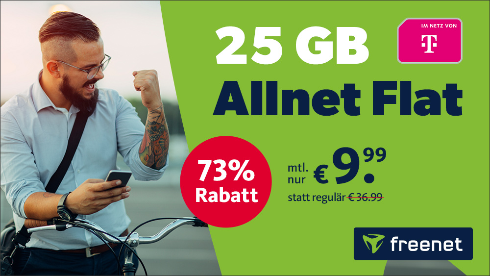 Preishammer 73 Prozent Rabatt: 25 GB LTE Allnet-Flat im Telekom Netz fr mtl. 9,99 Euro