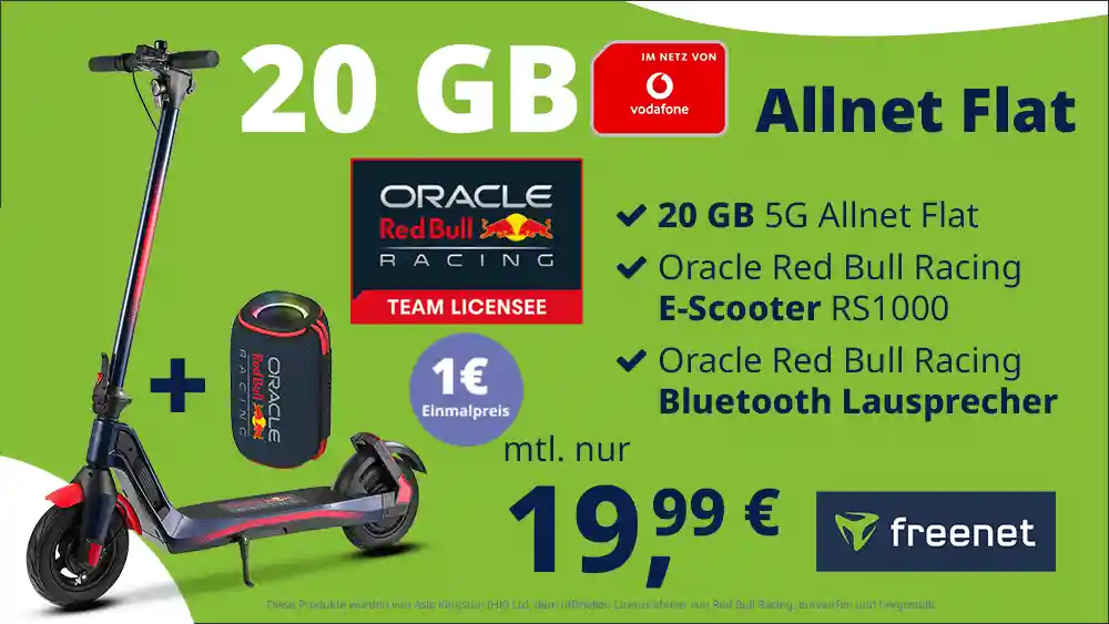 freenet kombiniert 20 GB 5G im Vodafone-Netz mit Red Bull Racing E-Scooter und Lautsprecher. Der Effektivpreis liegt rechnerisch bei 0,79 Euro