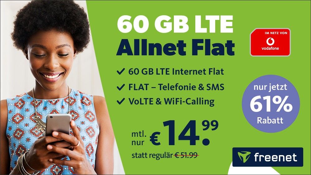 61 Prozent Rabatt: 60 GB All-In-Flat im Vodafone-Netz bei 100 Mbit fr mtl. 14,99 Euro
