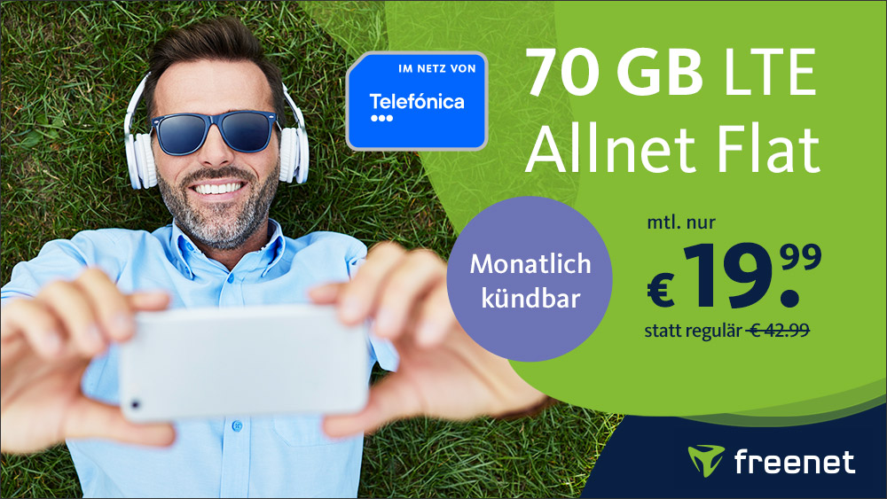 Erinnerung 53 Prozent Rabatt: 70 GB LTE O2 All-In-Flat für mtl. 19,99 Euro mit mtl. Laufzeit