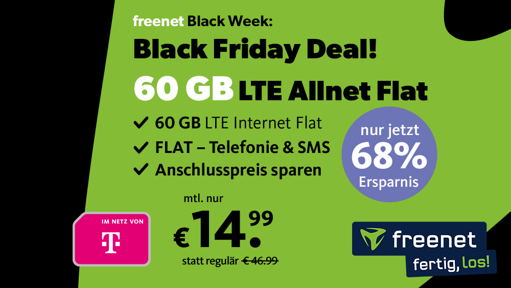 Black Friday im Telekom Netz: 60 GB LTE Allnet-Flat für mtl. 14,99 Euro und Anschlusspreis sparen
