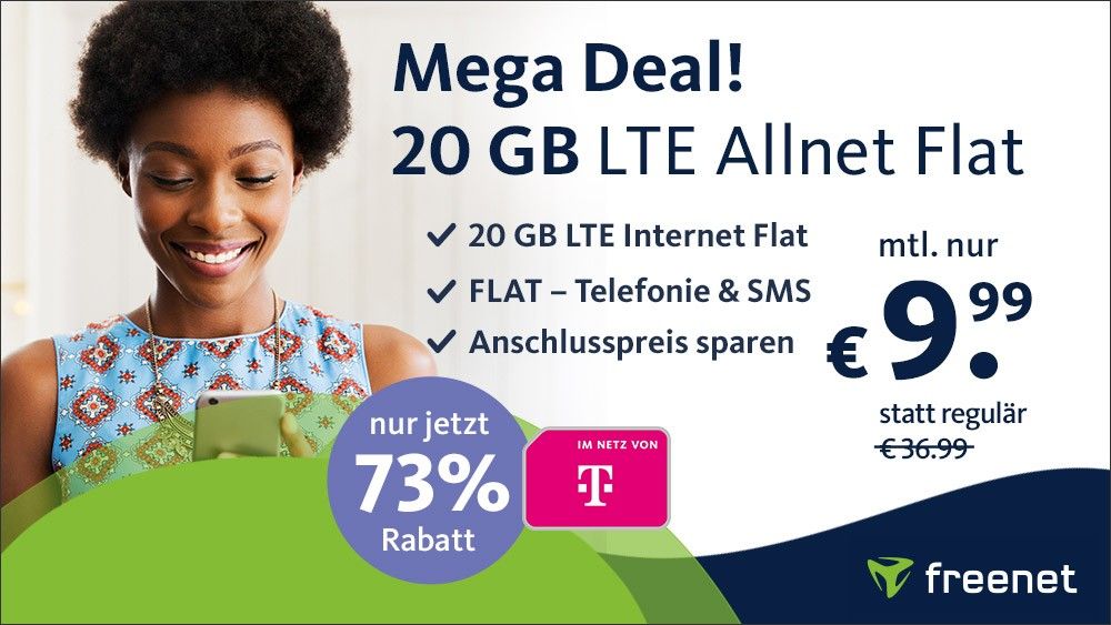 Preiskracher 73 Prozent Rabatt Telekom Netz: 20 GB LTE Allnet-Flat für mtl. 9,99 Euro ohne Anschlusspreis